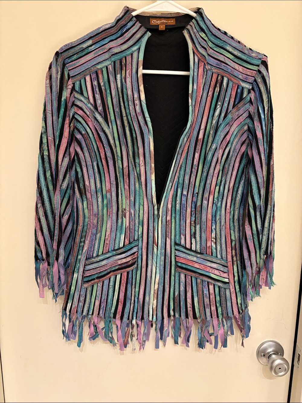 Christopher & Banks Multicolor Striped Fringe Open Cardigan